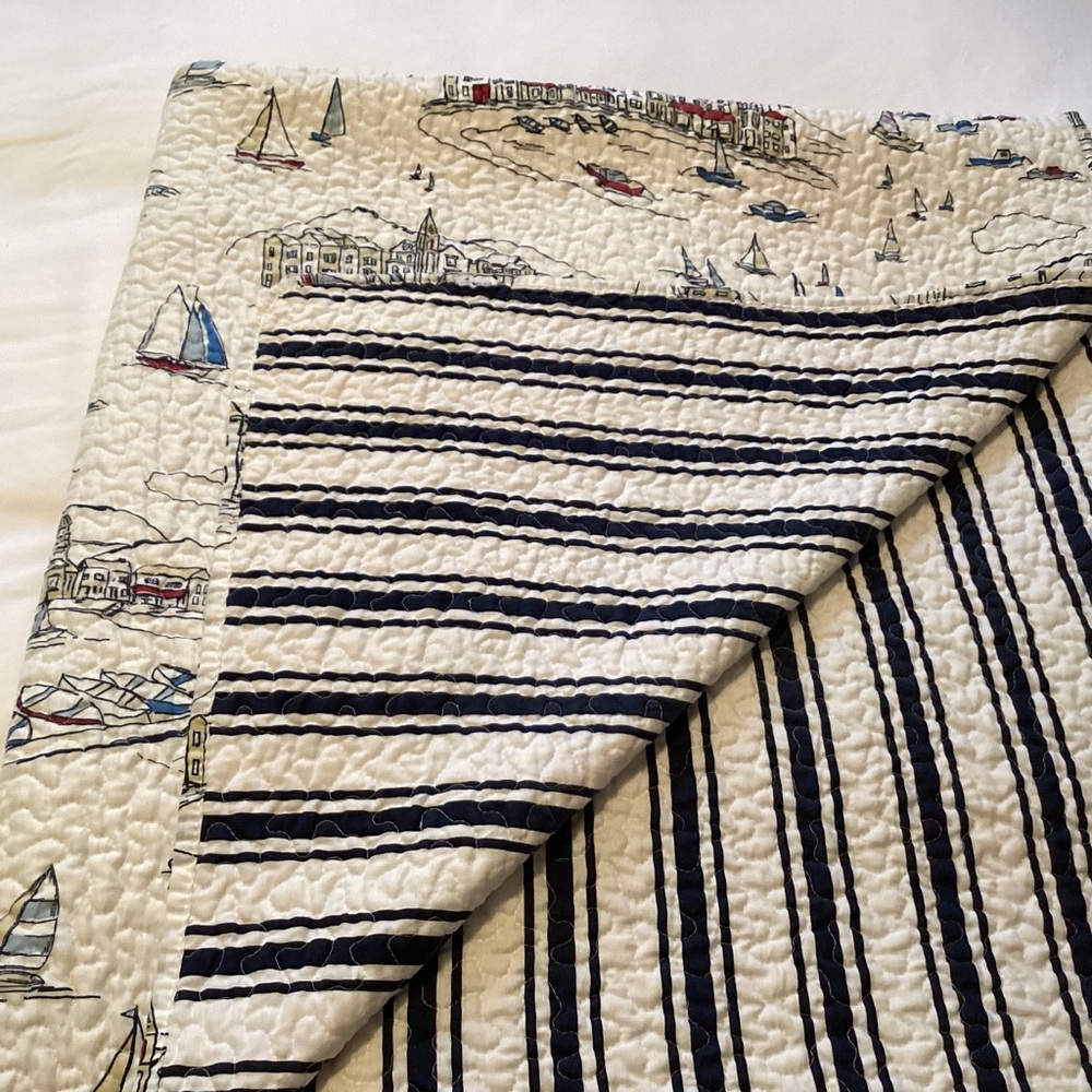 Nautical Throw and matching toss pillow cover,reversible stripe side. - Picture 5 of 7